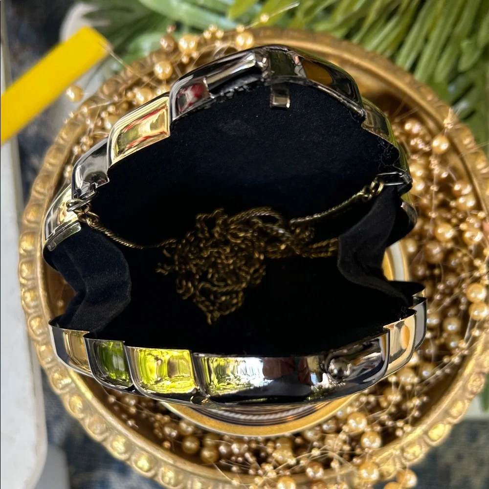 Vintage Art Deco Gold and Black Geometric Lucite Metal Clutch